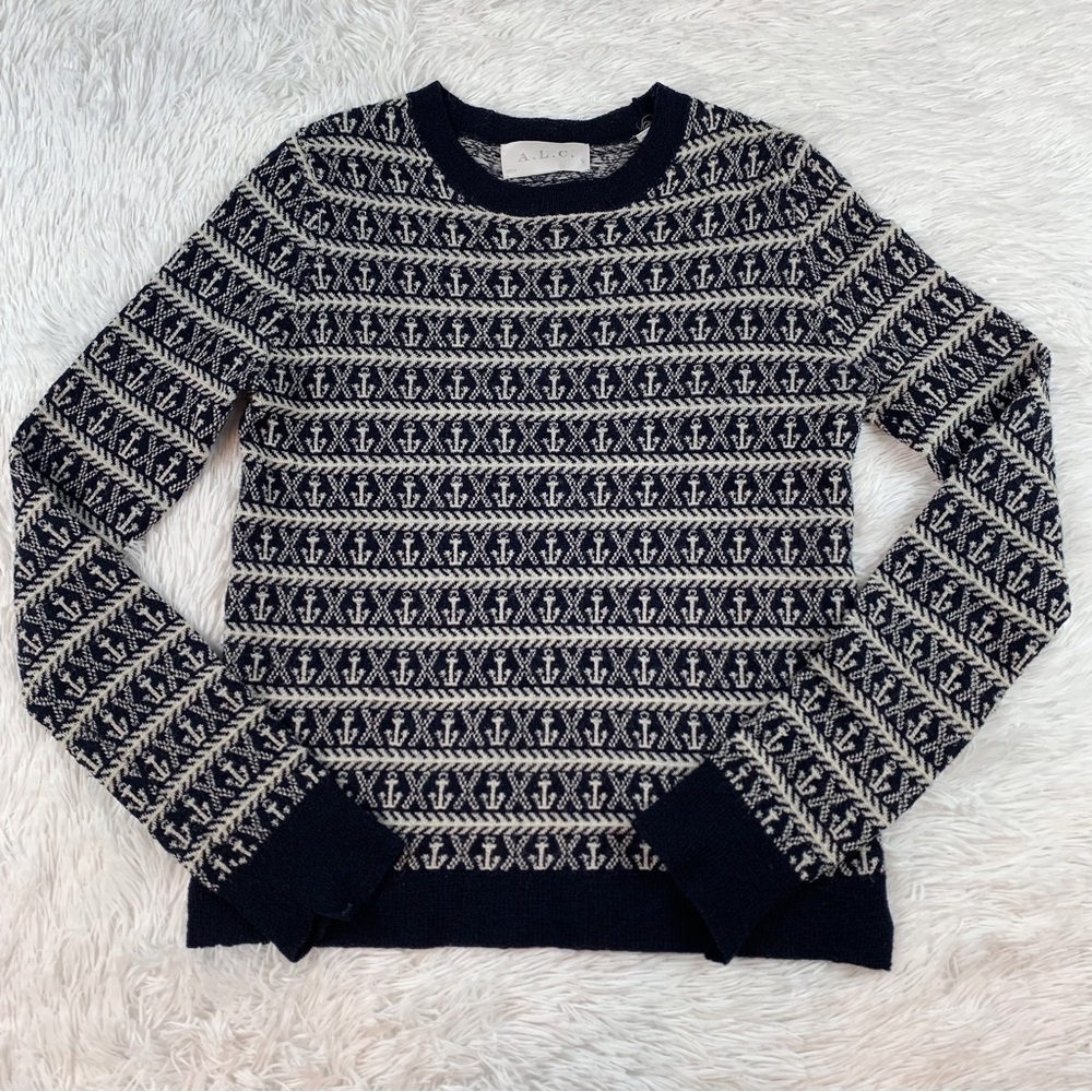 A.L.C long sleeve anchor fair isle wool pullover sweater crew neck navy blue